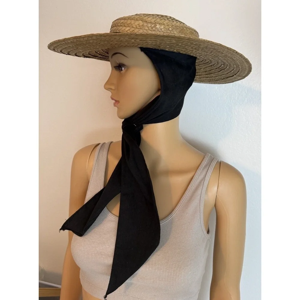 Vintage Straw Sun Hat Wide Brim Black Scarf Tie Garden Party Victorian Style 70s - Picture 3 of 9